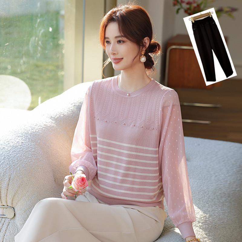 Elegant Gauze Sleeve Striped Knit Sweater for Middle-Aged Women - Slimming Spring Top for Moms