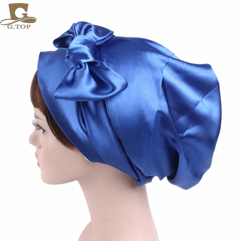 

New Women silky satin night sleeping cap head wrap Bowknot Turban Pre Tied Fitted Bandana Chemo cap Nightcap hair loss patients королівський синій колір