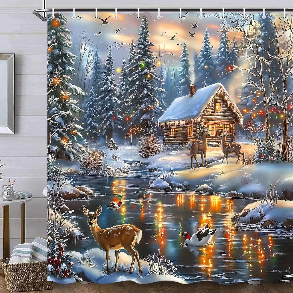 Winter Christmas Shower Curtain,Holiday Blue Snowman Bath Curtain Xmas Gift,Eucalyptus Leaf Flower Floral Bathroom Accessories
