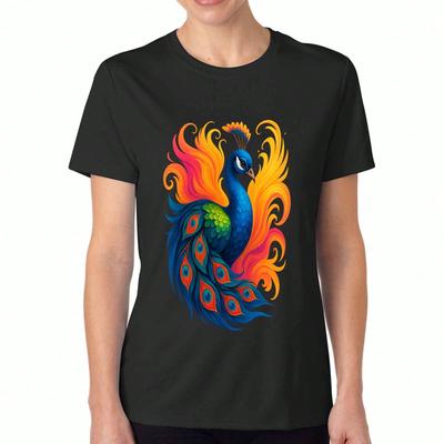 Peacock Ladies' Cotton T Shirt, Pure Cotton Premium Print, Durable, Casual And Fashionable. Featuring A Vibrant Peacock Design With Colorful Feathers 