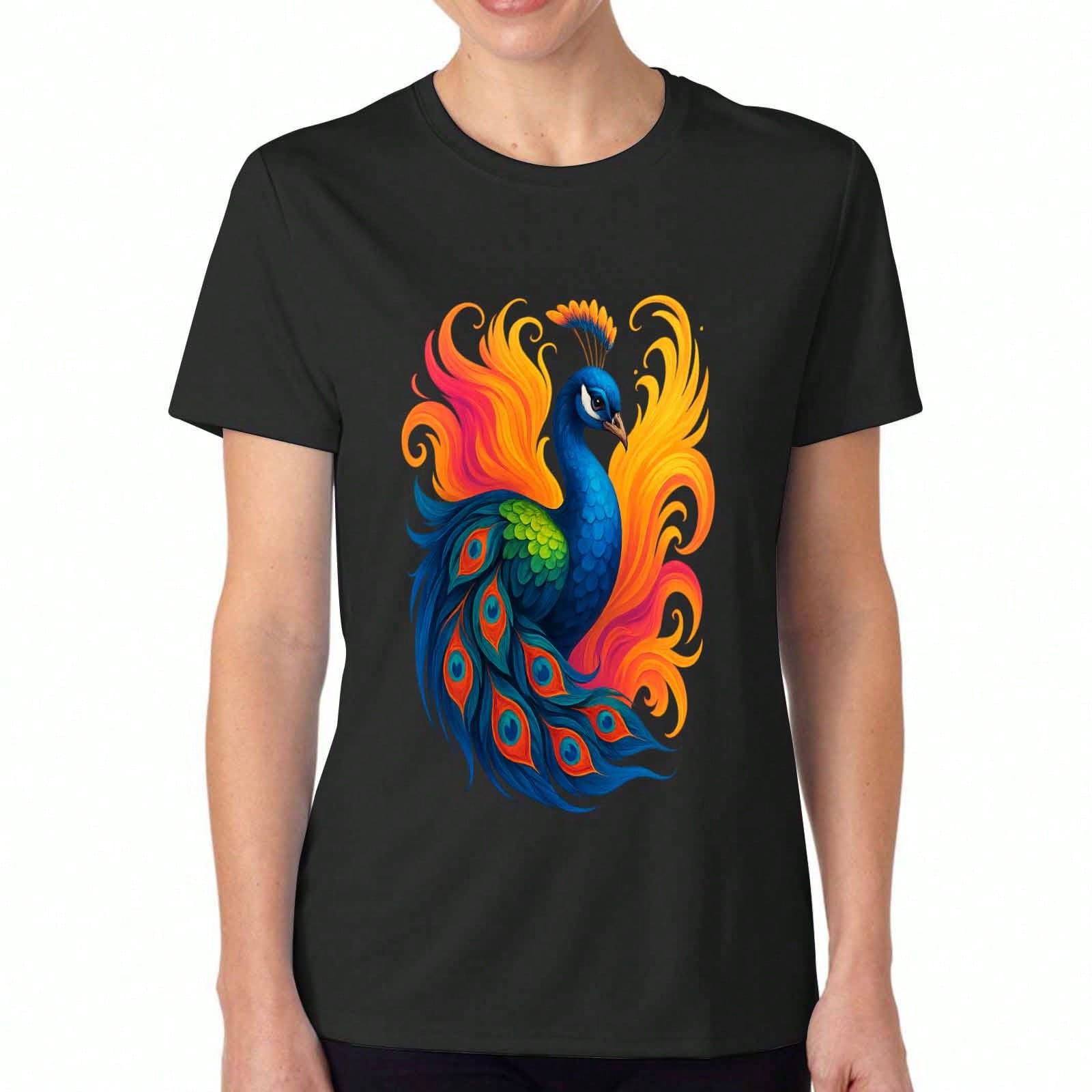 Peacock Ladies Cotton T Shirt, Pure Cotton Premium Print, Durable, Casual And Fashionable. Featuring A Vibrant Peacock Design With Colorful Feathers S разноцветный