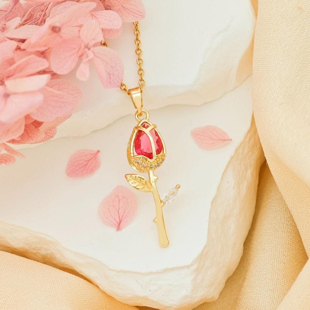 

Minimalist Zircon Pendant Layered Stainless Steel Choker Tulip Flower Pendant Necklace Anniversary Style F