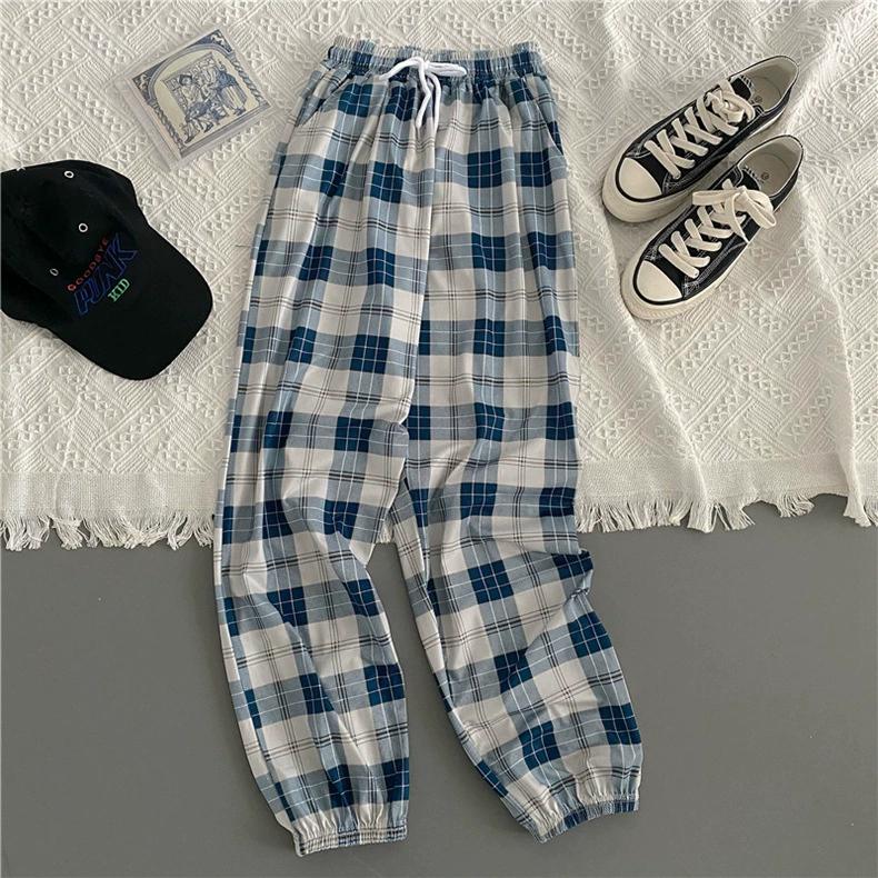 Women's Spring Autumn Four Seasons Plaid Elastic Waist High Waist Draped Slim Drawstring Trousers