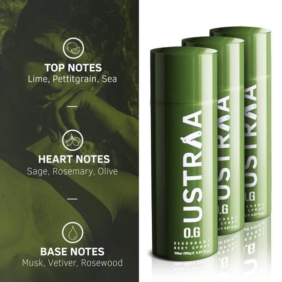 Ustraa O.G Dezodorant w sprayu do ciała dla mężczyzn - 150 ml | Mocny, pełen pasji zapach | Dezodorant przyjazny dla skóry z rozpylaczem | Zwalcza nieprzyjemny zapach