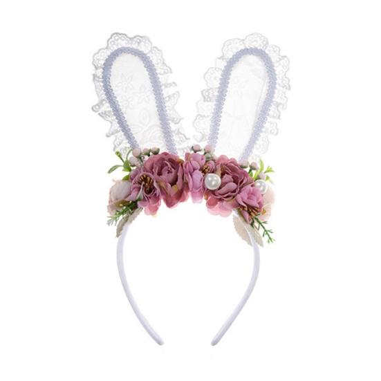Bunny Headband Lace Bunny Ear Design Hair Hoop with Colorful Artificial Flowers Forest Style Easter