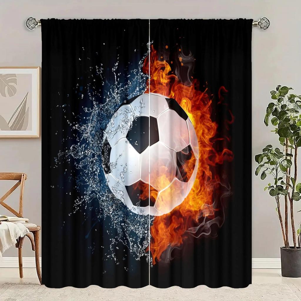 JIT 2 Stück Feuriger Fußball Vorhang   Design Zimmer Verdunkelnd   Polyester Vorhänge   Sport Fenster Dekoration   Heim Dekoration   Stangentasche