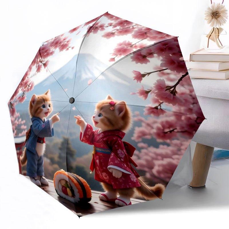 Cherry Blossom Sushi Cats Compact Travel Automatic Umbrella Folding Umbrella With 8 Ribs Sturdy Construction For Outdoor Daily Use Fashion Lovers Gift