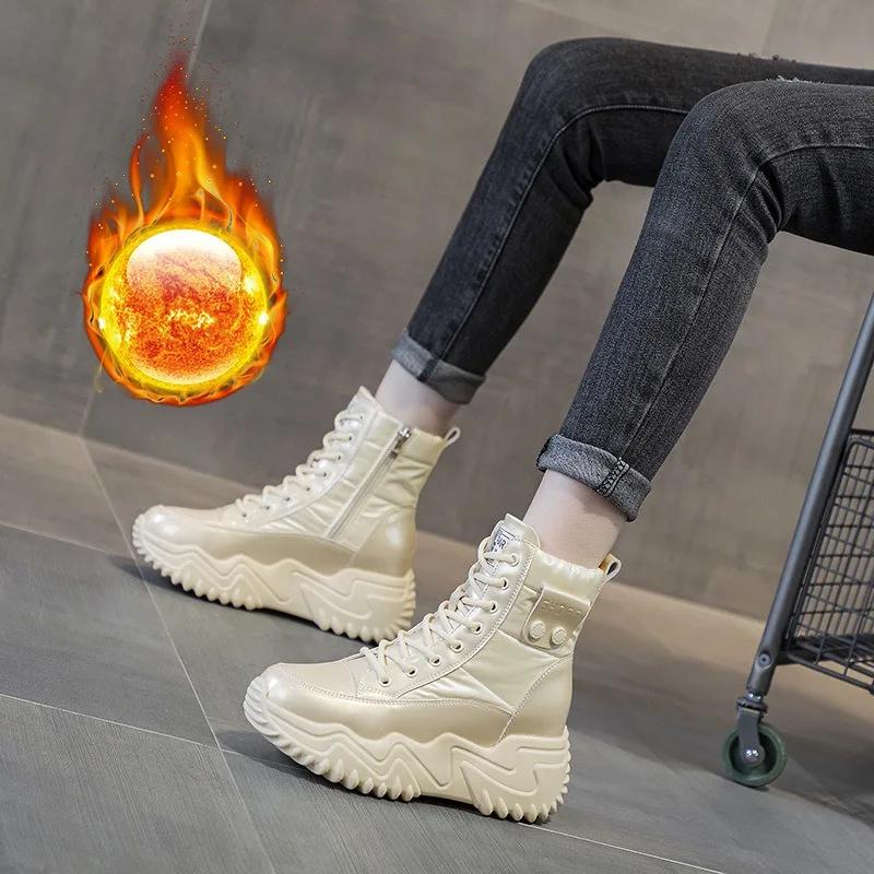 Fashion 7CM New women's inner elevating snow boots with velvet inner high heel leather thick sole winter warm casual women's shoes