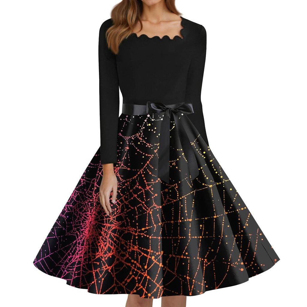 Women's Fashion Square Neck Casual Slim Halloween Printed Long Sleeve Dresses
