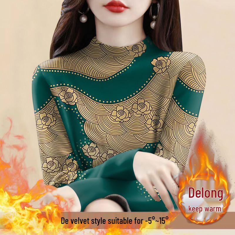 Women's Plus Size Fleece Lined Semi-High Neck Long Sleeve T-Shirt