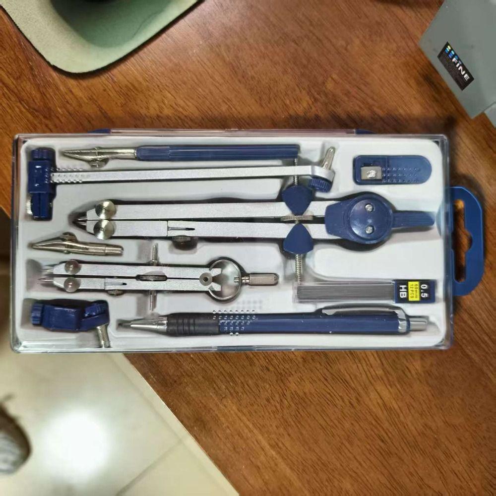 7pcs/Pack Transparent Cover Drawing Compass Kit Measuring Ruler Plastic Drawing Tool Set Stainless steel Mechanical Pencil
