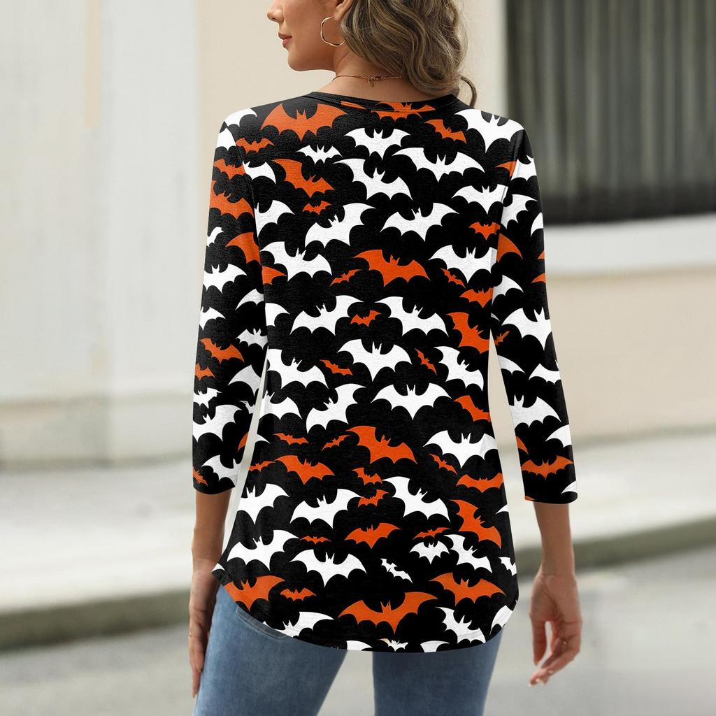 Women's T Shirt Halloween Print Button 3/4 Sleeve Daily Weekend Fashion Basic V- Neck Regular Top