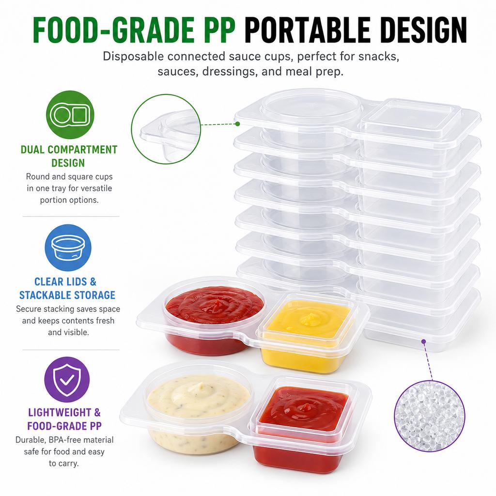 CONFEZIONE da 10/20/40 Contenitori per Condimenti a Doppia Scomparto Con Coperchio in Plastica Ermetica per Snack e Salse per Pranzo e Preparazione Pasti Quotidiana