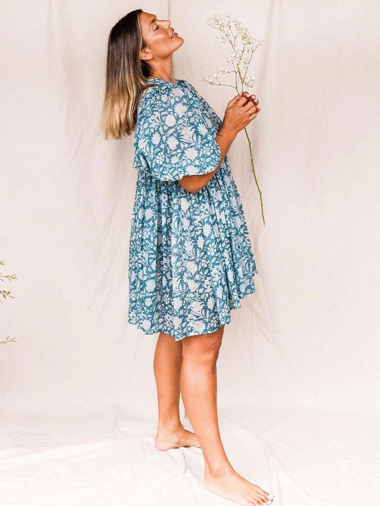 Women's Floral Tie-Back Casual Cotton Dress - Short Sleeve & Loose Fit for Beach Holidays