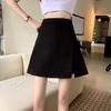 Plus Size Black High-Waist Midi Skirt with Slit - Slimming A-Line Skort for Summer 2024
