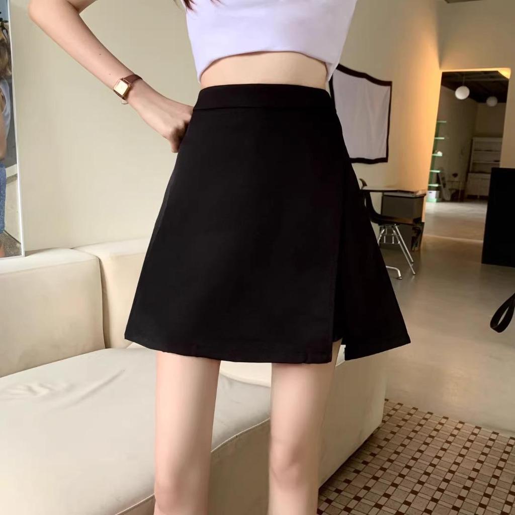 Plus Size Black High-Waist Midi Skirt with Slit - Slimming A-Line Skort for Summer 2024