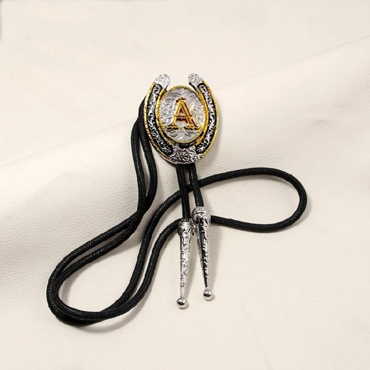 Tribal Faux Leather Rope Bolo Tie Unique Western Necktie Metal Initial Letter Necklace for Men and Womens Party Outfits