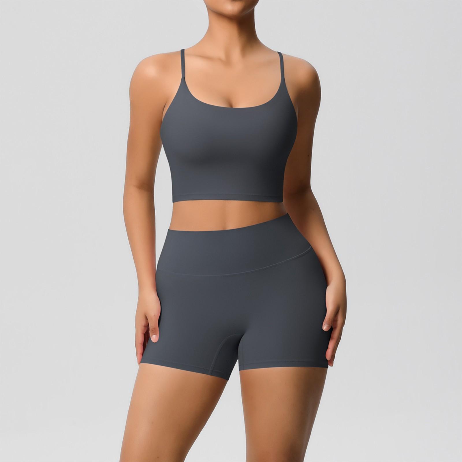 

Women s Fashion Solid Color Back Top Tight Breathable Yoga Clothing Sports Running Fitness Shorts Set L