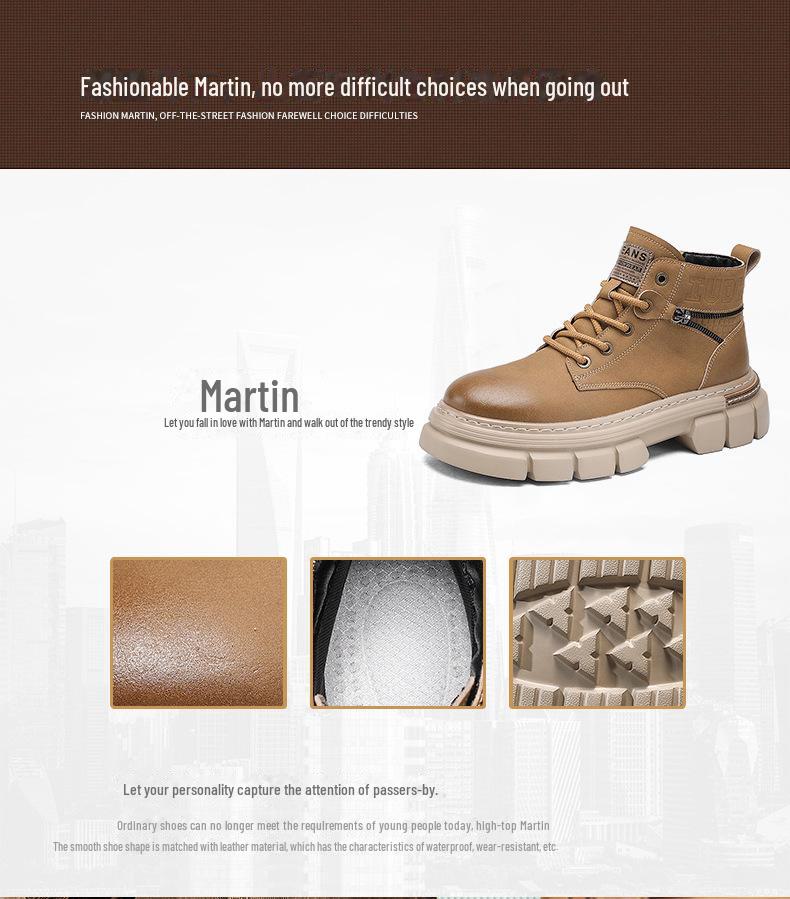 Men's 2024 Autumn/Winter High-Top Martin Boots - British-Style, Thick-Soled, Retro Work Boots with Soft Leather and Sole.
