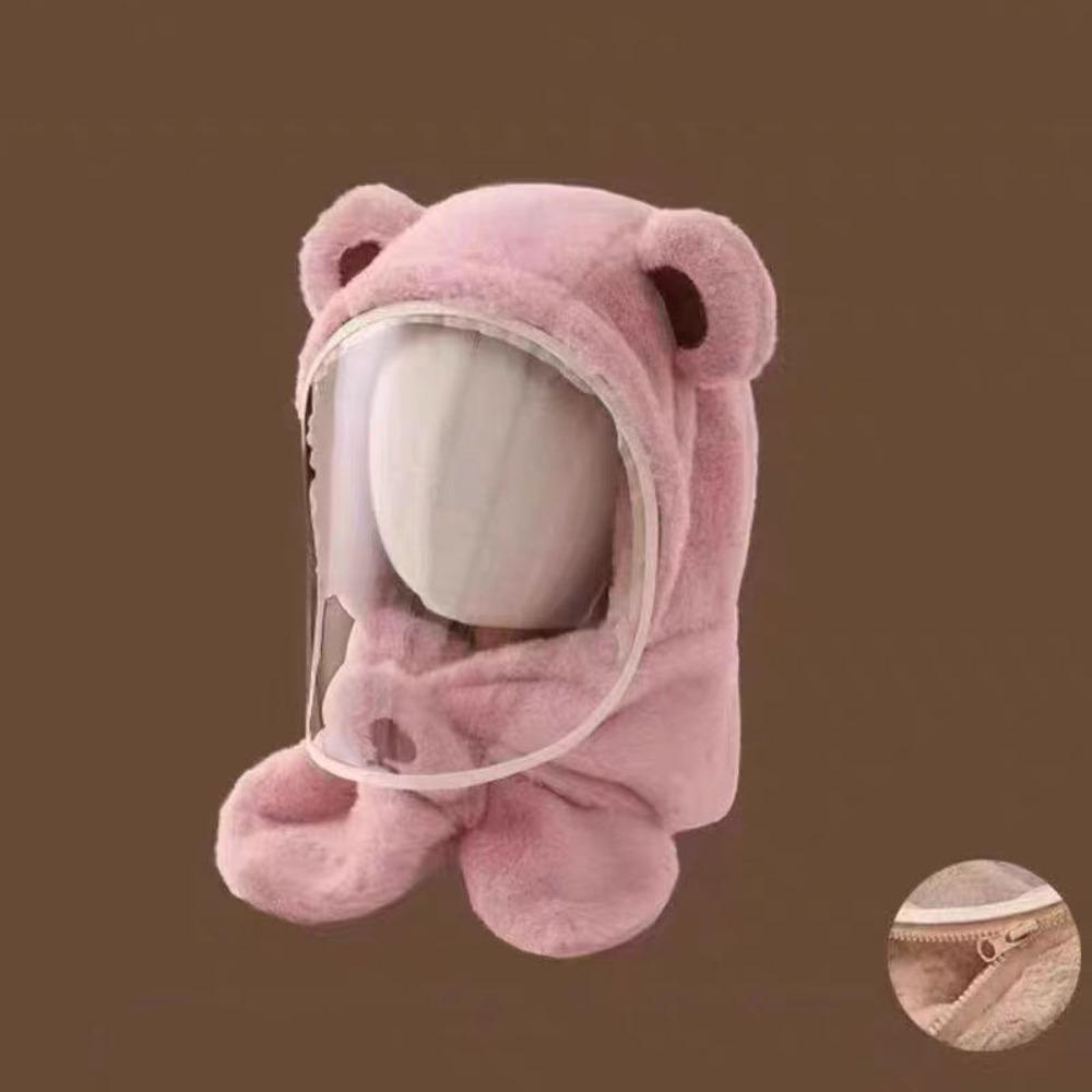 Cartoon Bear Mask Integrated Hat Windproof Plush Fleece Hat Cute Kids Winter Hat