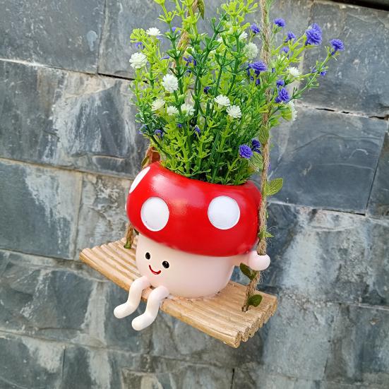 Swing Mushroom Hanging Planter Cartoon Mushroom Flower Pot Resin Succulents Planter