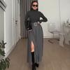 Cross-border European and American Women's Clothing  Amazon Sexy and Capable Tight Long-sleeved Top Belt Split Skirt