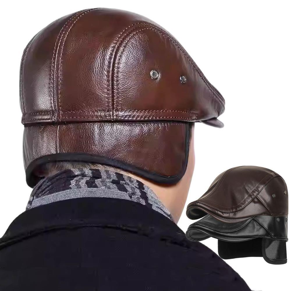 Men Retro Leather sboy Caps Autumn Winter Visor Beret Thicken Warm Hat Solid Forward Hat Windproof Ear Protection Hat