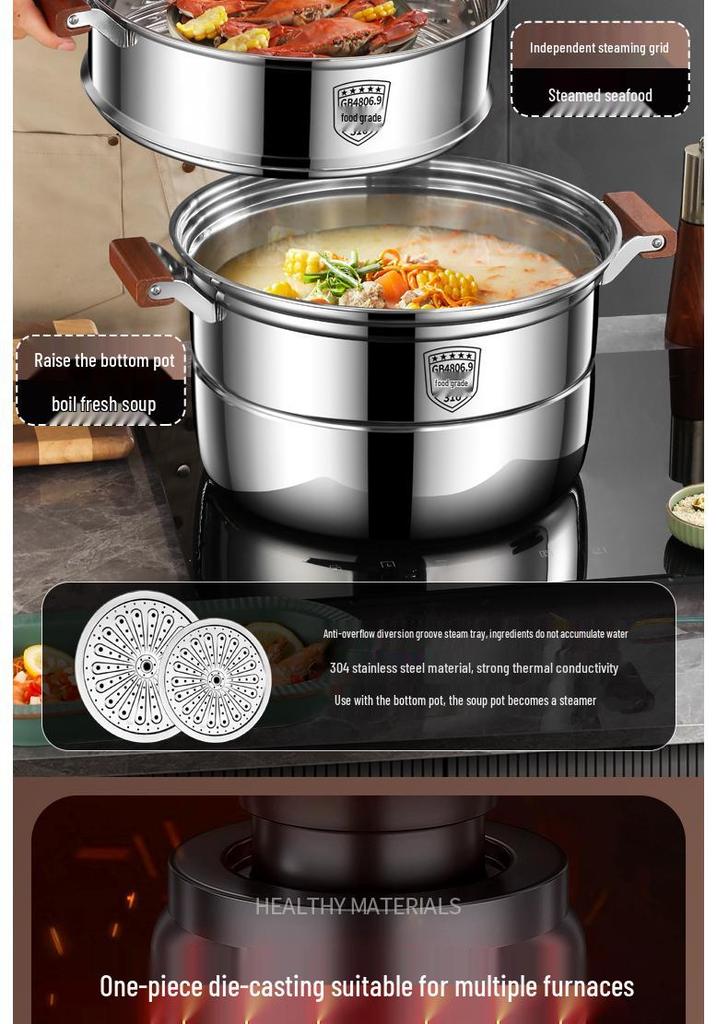 Visible Lid 316L Stainless Steel Steamer Pot with Extra Thick Anti-scalding Design and Double Three-Layer Steaming Basket
