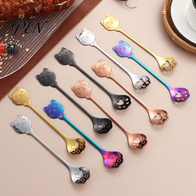Embossed Cat Design Spoon Coffee Spoon, Stainless Steel Paw Claw Teaspoon, Multi-Color Electroplated Stirring for Ice Cream Yogurt Dessert Rust
