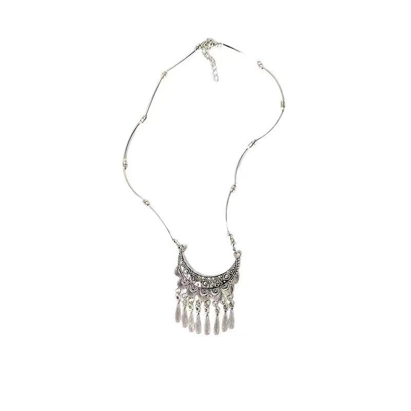 Minority style metal imitation seedling silver necklace fringed pendant temperament retro national style collarbone chain tide
