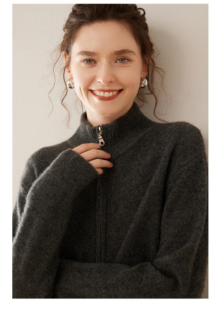 Women's Stand Collar Double Zipper Goat Cashmere Cardigan - Autumn/Winter Solid Color Knit