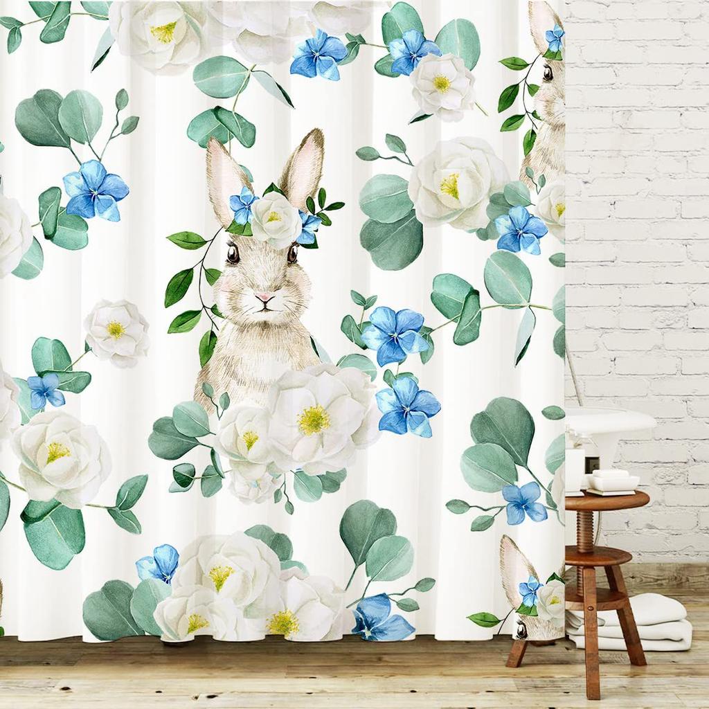 Flower Shower Curtain Spring Watercolor Flower Rabbit Festive Bathroom Curtain Blue And White Flower Shower Curtain Set With Hook
