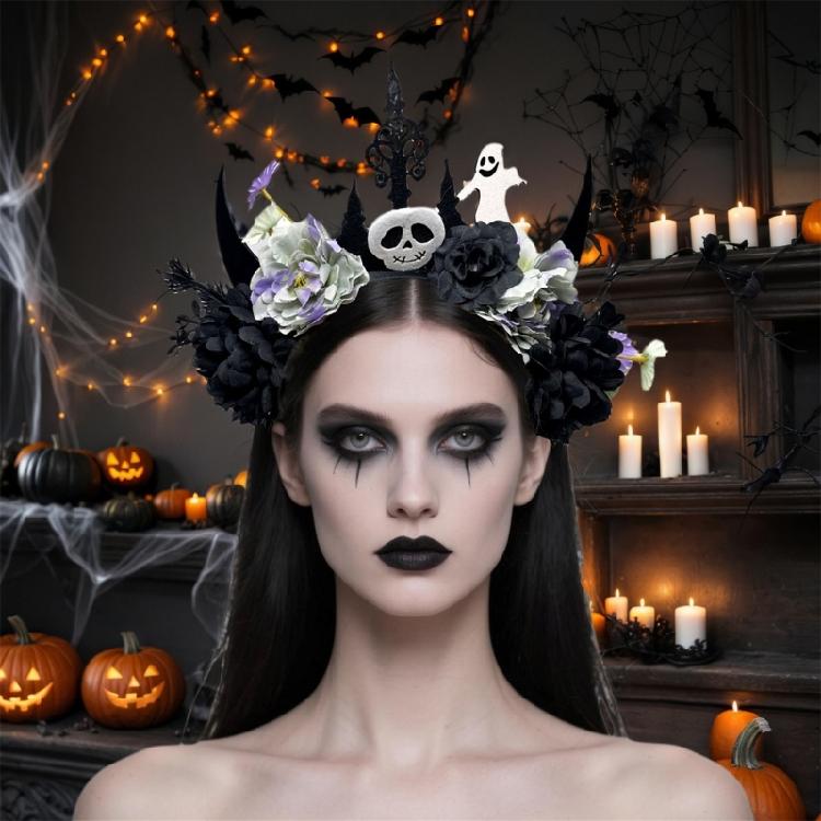 Dark Series Flower Hairband with Skull Decors For Women Girl Halloween Costume Party Role Playing Accessory Headpiece