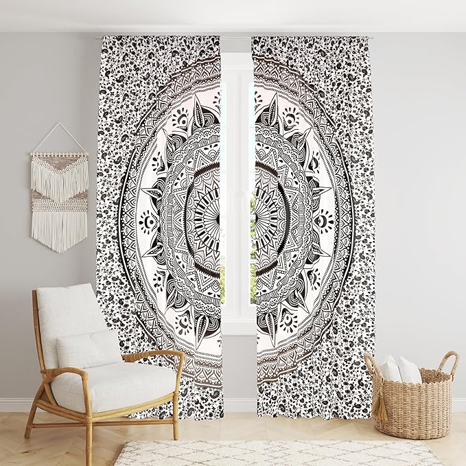 

Bless International Beautiful Indian Bohemian Psychedelic Hippie Ombre Window Curtain Panels for Bedroom, Living, Balcony (Gray Passion Flower) 83 L x 38 W
