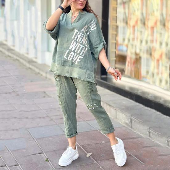 Tute Donna Eleganti 2 Pezzi Cotone E Lino Completo Camicia Lino A