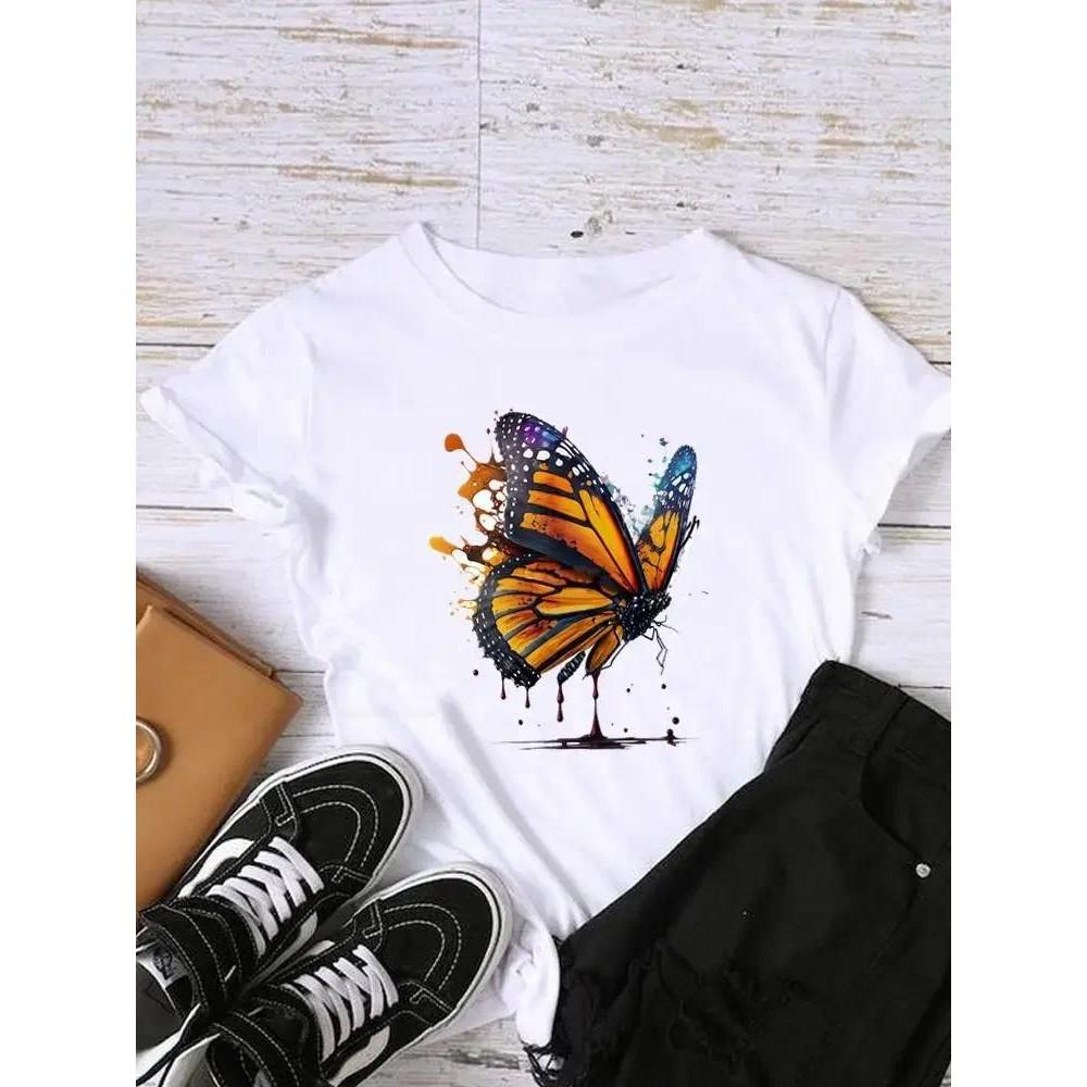 Sleeve Graphic T-shirt Women Top Print Fashion Clothing Watercolor Trend Lady Female Shirt Tee Clothes
