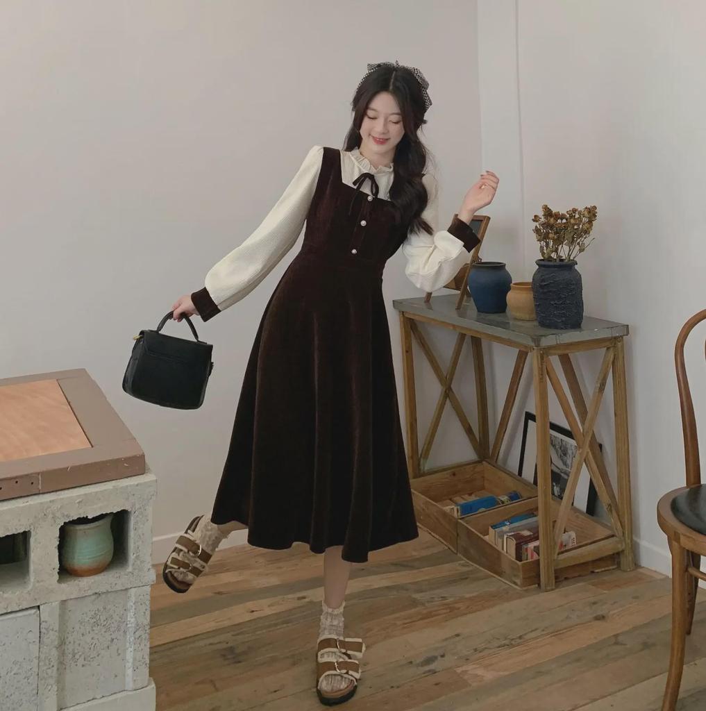 [Hochelastischer Cord] Französisches Retro-Mantelkleid mit Rüschen