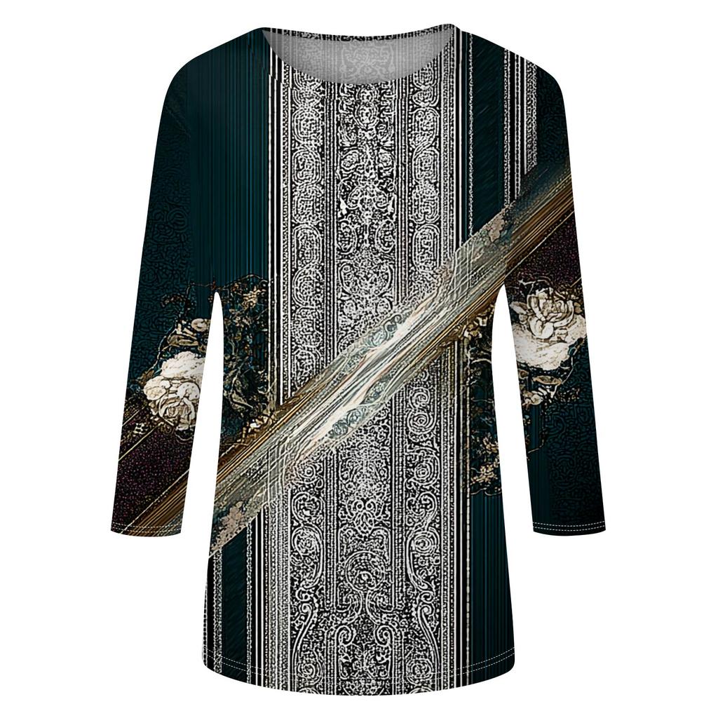 Módní vintage top s 3/4 rukávem pro ženy, dámská ležérní halenka s tříčtvrtečním rukávem a kulatým výstřihem s potiskem