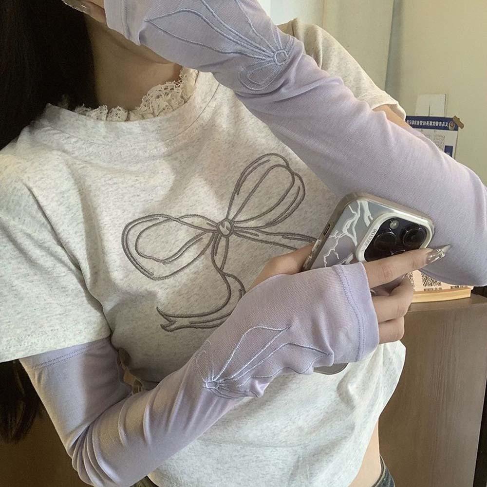 Sweet Bow Ice Sleeves Korean Style Anti-UV Breathable Long Arm Sleeves Sweat-absorption Quick Drying Arm Sunscreen Covers Sport