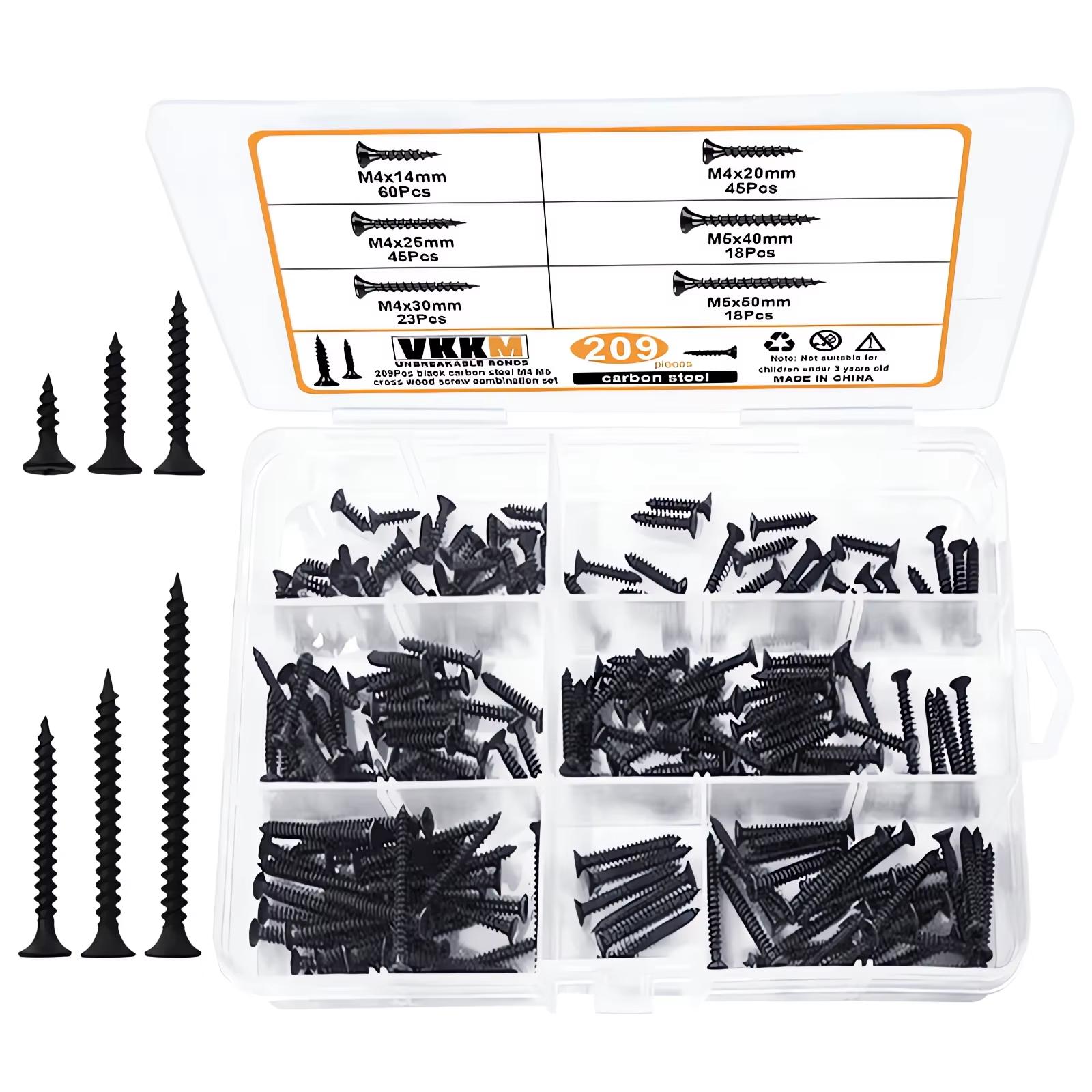 

209 шт., набор из черных шурупов по дереву, крестообразный набор шурупов по дереву M4M5