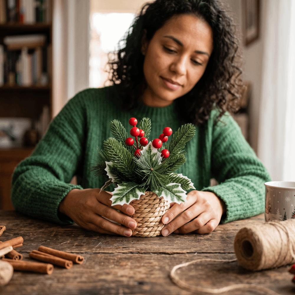 Woven Basket Faux Holly Pine Cone Ornament Potted Christmas Mini Potted Plant Home Decor