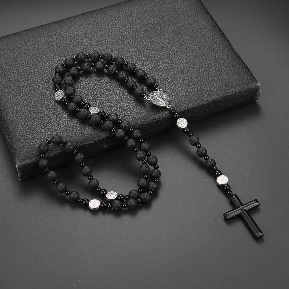Schwarze Rosenkranz Halskette Runde Perlen Kreuz Anhänger Halskette Neue Perlen Halskette Rosenkranz Geschenk