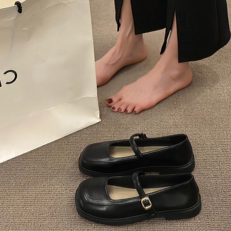 Boty Square Head Mary Jane Dámské Boty S mělkými ústy Malé kožené boty Spona britského stylu se sukní Mokasíny