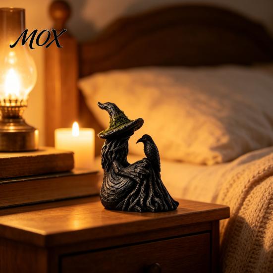 Dark Fairy Tale Resin Ornaments Luminous Witch & Raven Figurine with Mossy Tree Texture, Gothic Vintage Style Garden Statue LED Light for Halloween