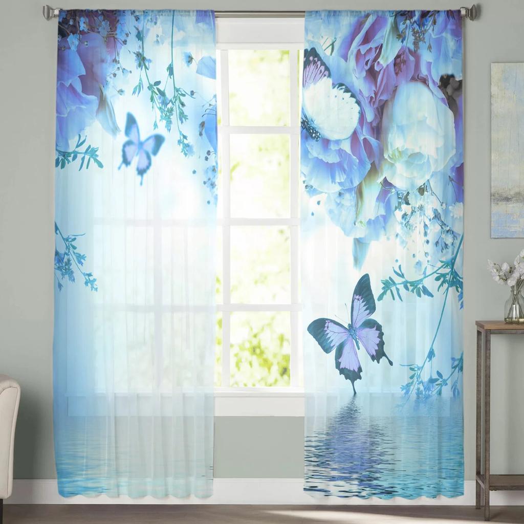 Animal Butterfly Flower Blue Rose Window Tulle Curtains For Living Room Bedroom Hotel Luxury Decoration Sheer Curtains