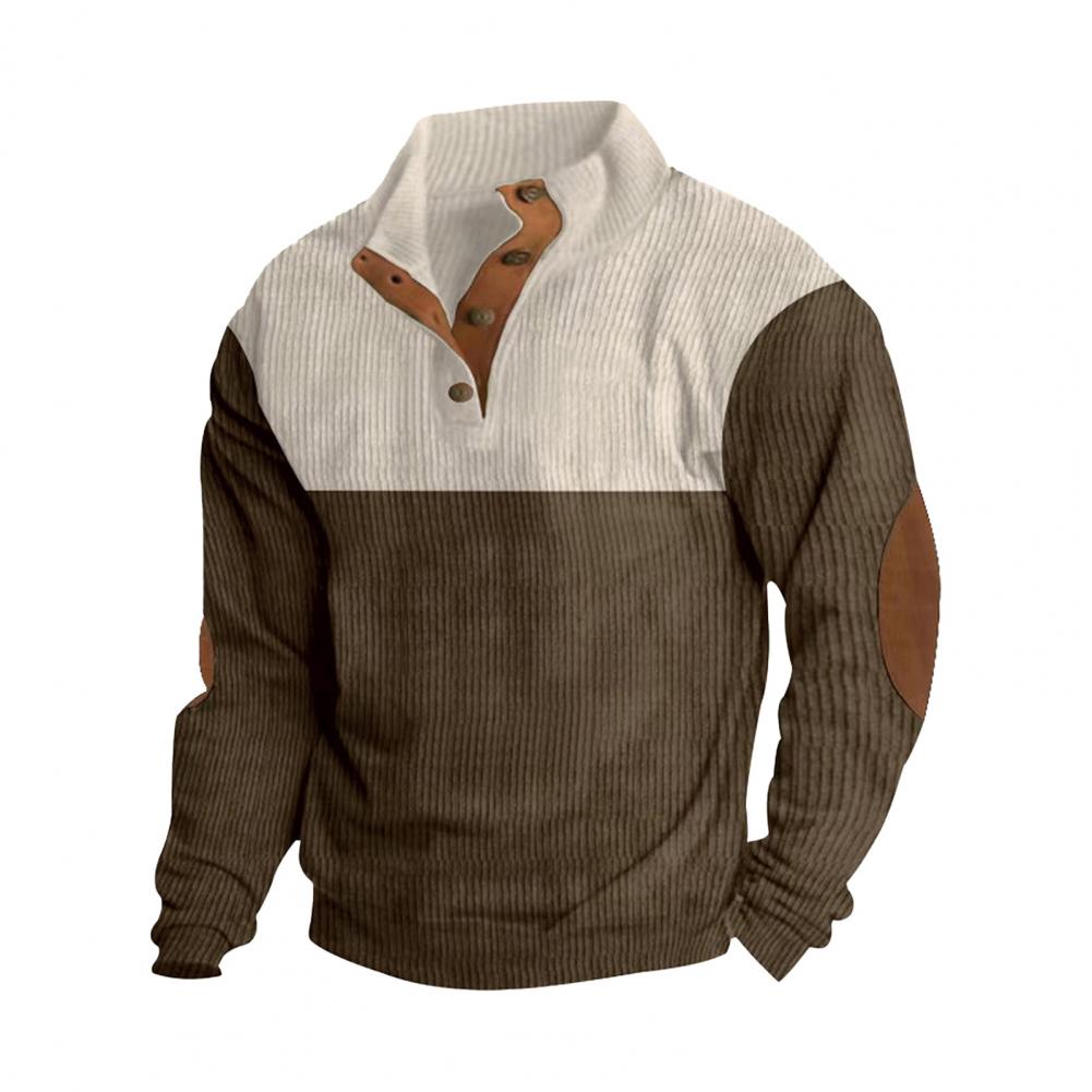 Fall Spring Men Sweatshirt Buttoned Stand Collar Colorblock Slicing Long Sleeves Pullover Sport Casual Daily Top