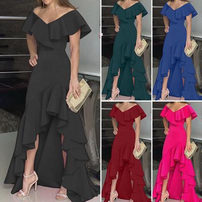 High-Waist Waist Tight Irregular High-Low Hem Women Dress Elegant Off Shoulder Ruffle