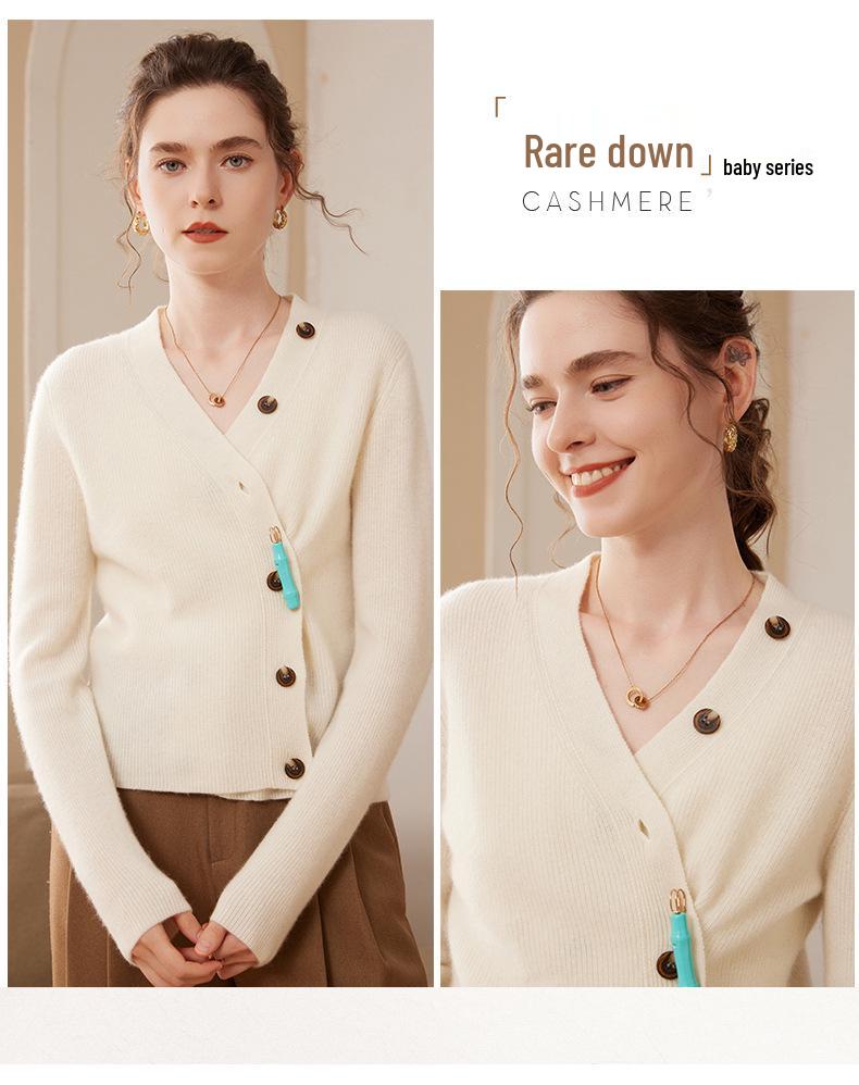 Women's V-Neck Cashmere Cardigan - Loose Long Sleeve Knit with Button Design Inspired by Ejiā