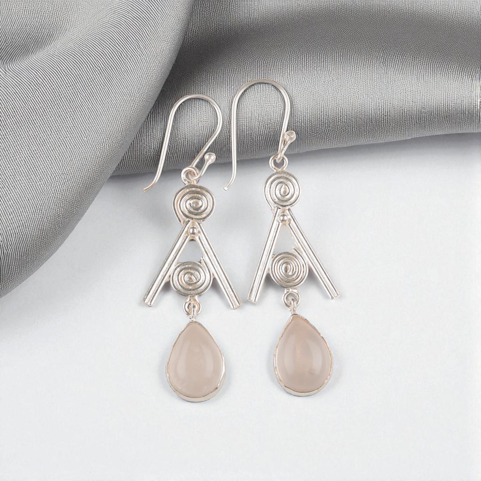 

Rare Rose Quartz Gemstone 925 Sterling Silver Jewelry Handcrafted Earrings2.4 EE-86-22