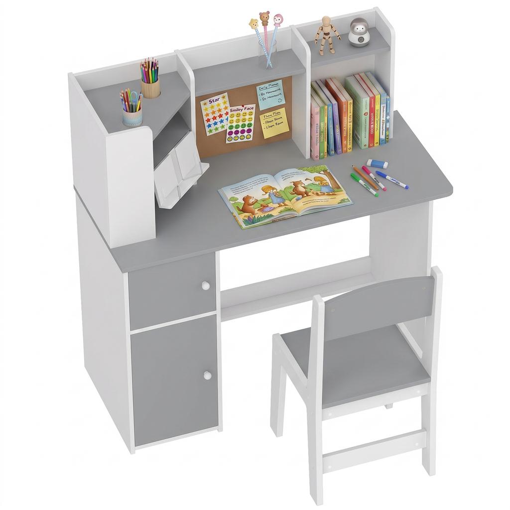 Kids' Desk and Chair Set with Pen Holder, Adjustable Tablet Stand, Cabinets and Bulletin Board, Gray